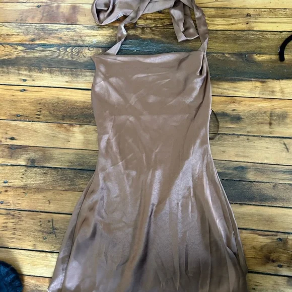 Selfie Leslie Champagne Showers Halterneck Slip Mini Dress Chocolate - Picture 4 of 6